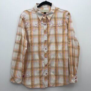 Bit & Bridle Plaid Snap Front Western Horse Embroidered Shirt Orange Pink Large